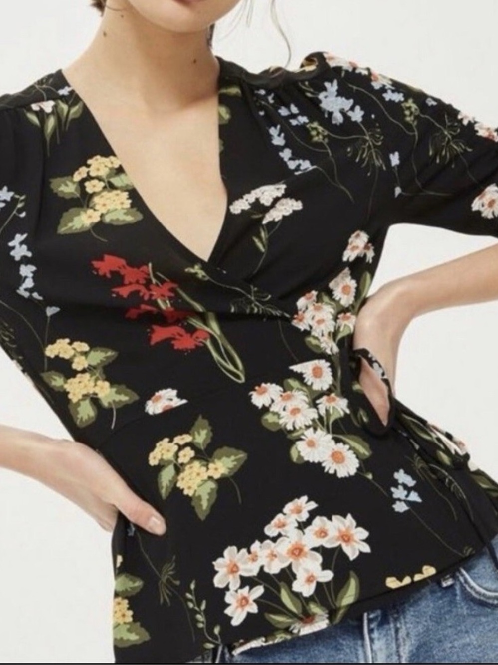 Topshop Black Floral Tie-Waist Wrap Top